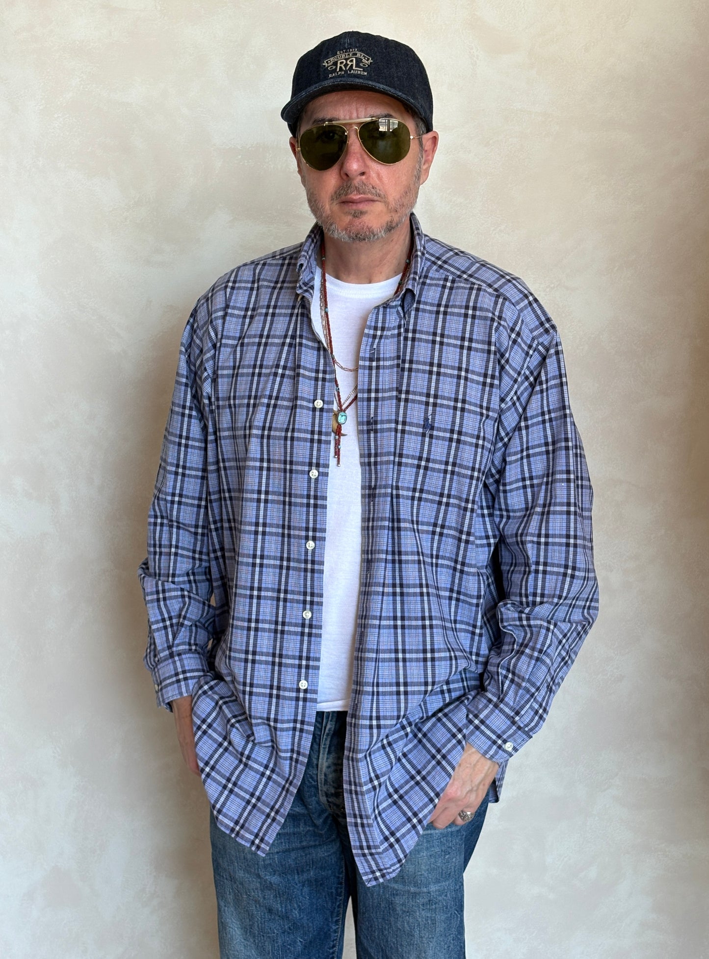 Ralph Lauren BLAKE Button-Down Shirt Large | Blue Black Plaid Cotton | Mens Classic Shirt
