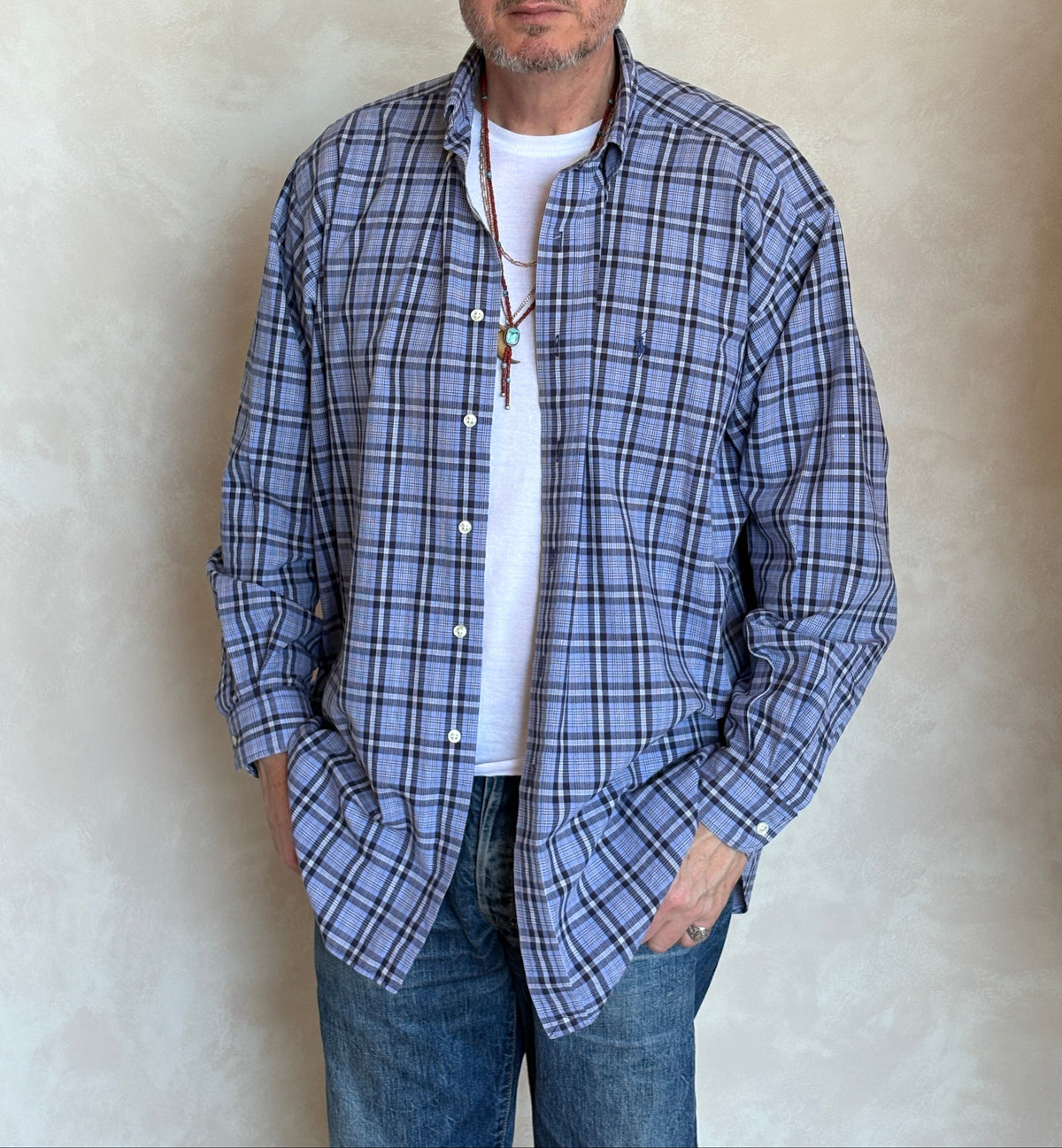 Ralph Lauren BLAKE Button-Down Shirt Large | Blue Black Plaid Cotton | Mens Classic Shirt-AJ357 Studio
