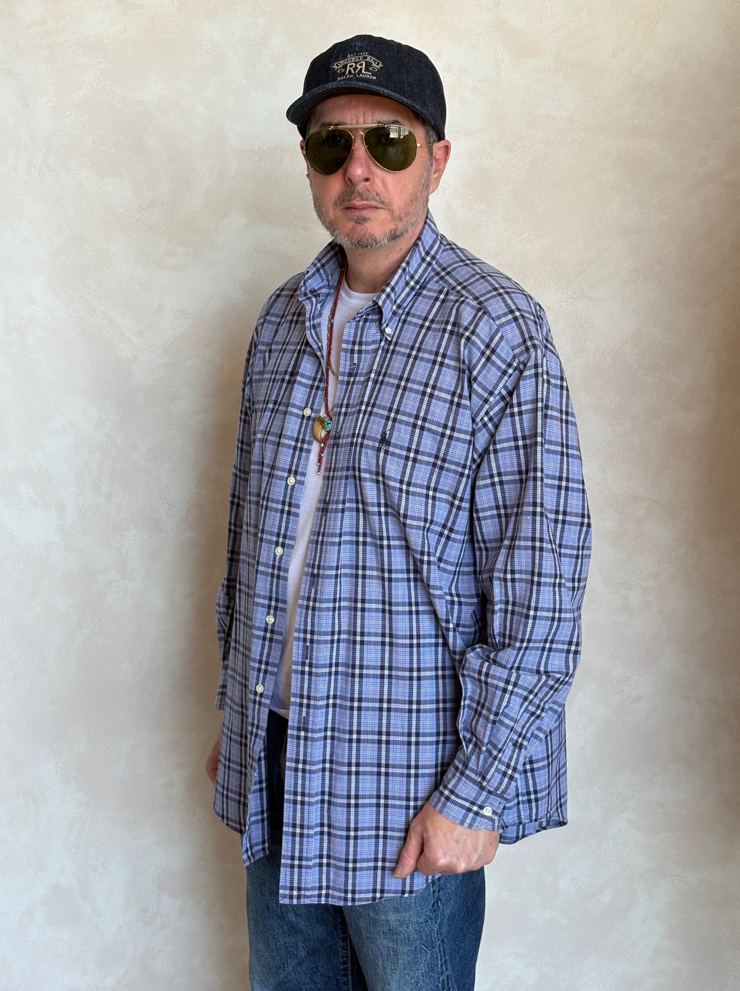 Ralph Lauren BLAKE Button-Down Shirt Large | Blue Black Plaid Cotton | Mens Classic Shirt
