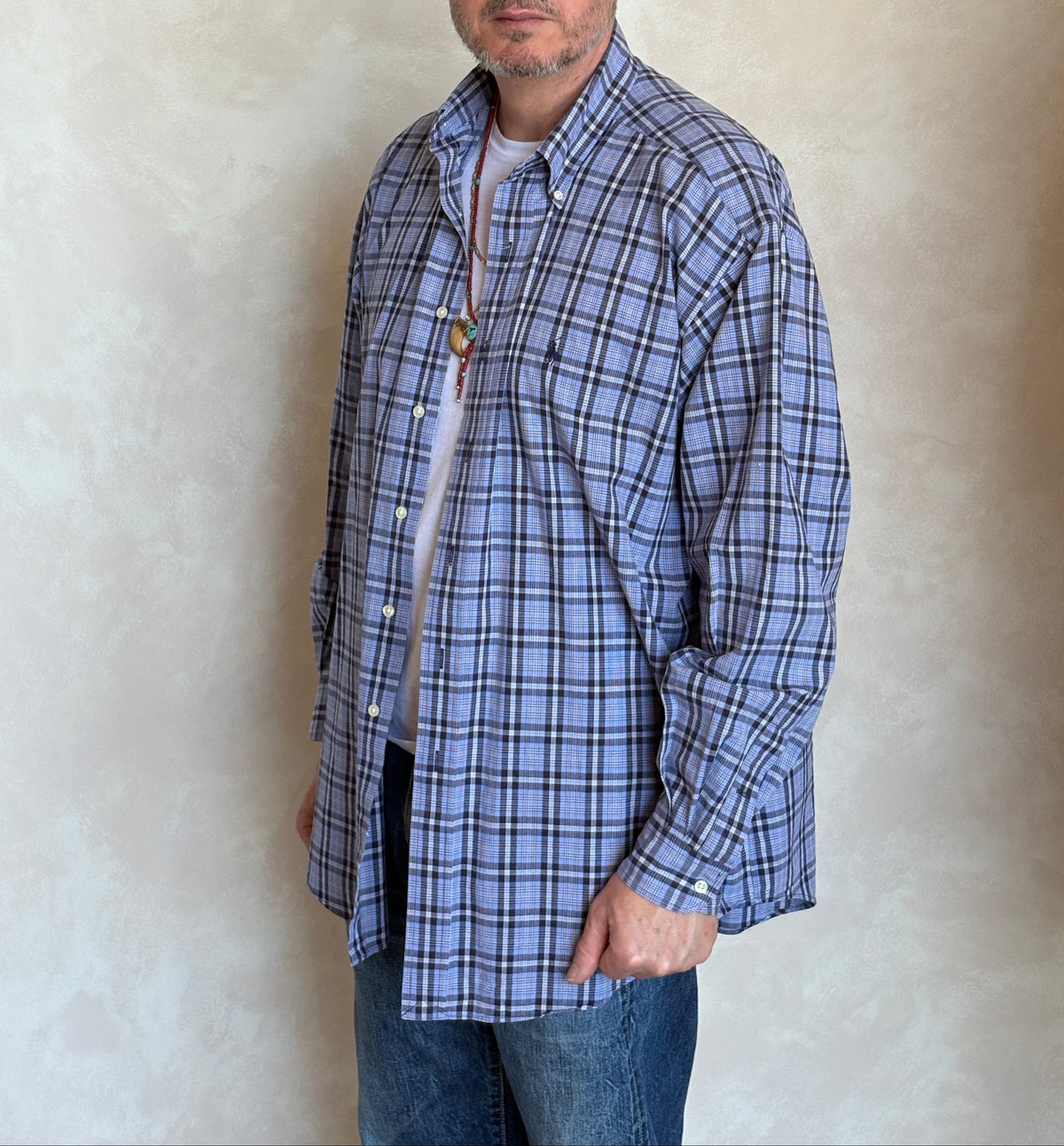 Ralph Lauren BLAKE Button-Down Shirt Large | Blue Black Plaid Cotton | Mens Classic Shirt-AJ357 Studio