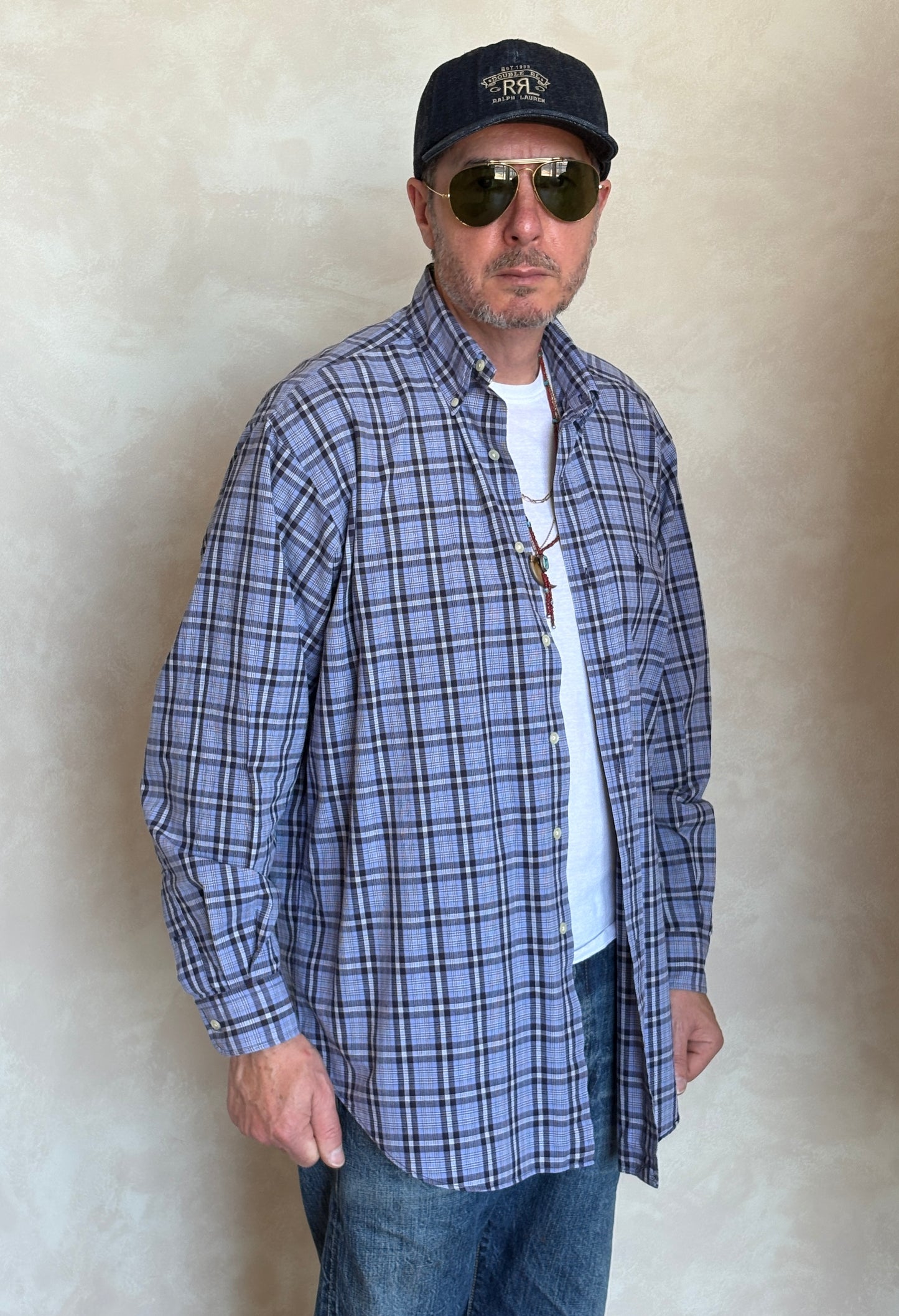 Ralph Lauren BLAKE Button-Down Shirt Large | Blue Black Plaid Cotton | Mens Classic Shirt