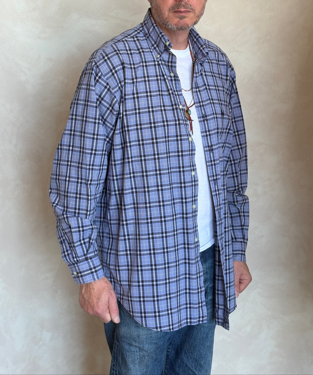 Ralph Lauren BLAKE Button-Down Shirt Large | Blue Black Plaid Cotton | Mens Classic Shirt-AJ357 Studio