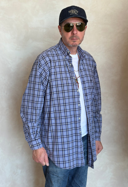 Ralph Lauren BLAKE Button-Down Shirt Large | Blue Black Plaid Cotton | Mens Classic Shirt