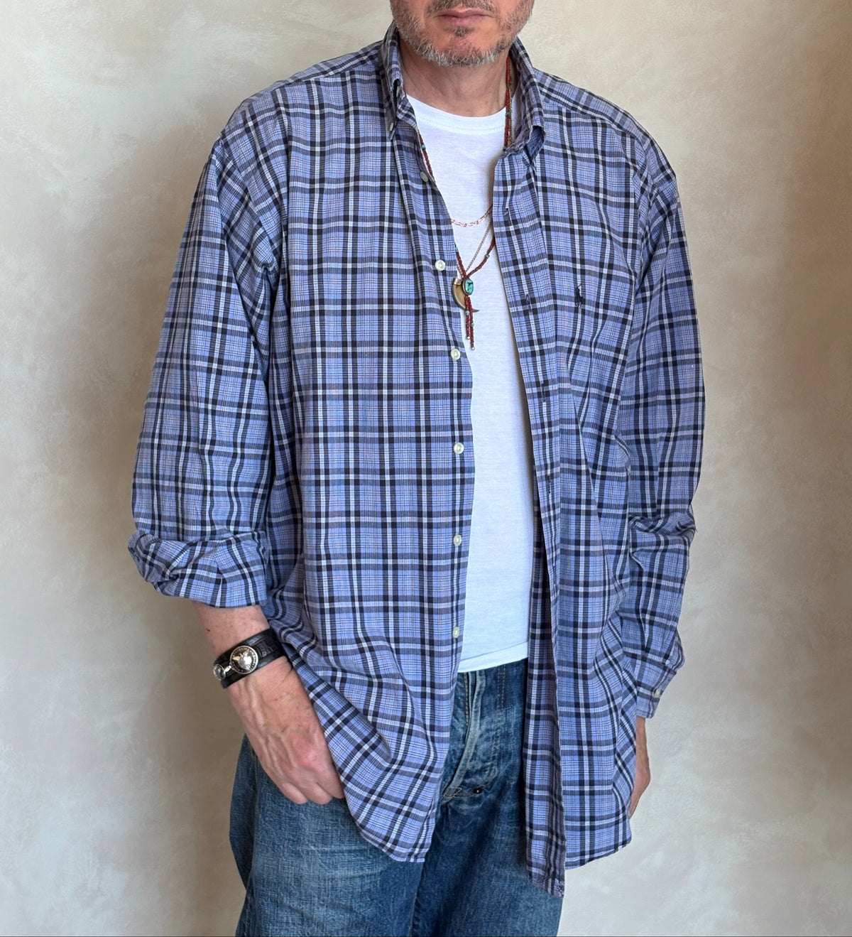 Ralph Lauren BLAKE Button-Down Shirt Large | Blue Black Plaid Cotton | Mens Classic Shirt-AJ357 Studio