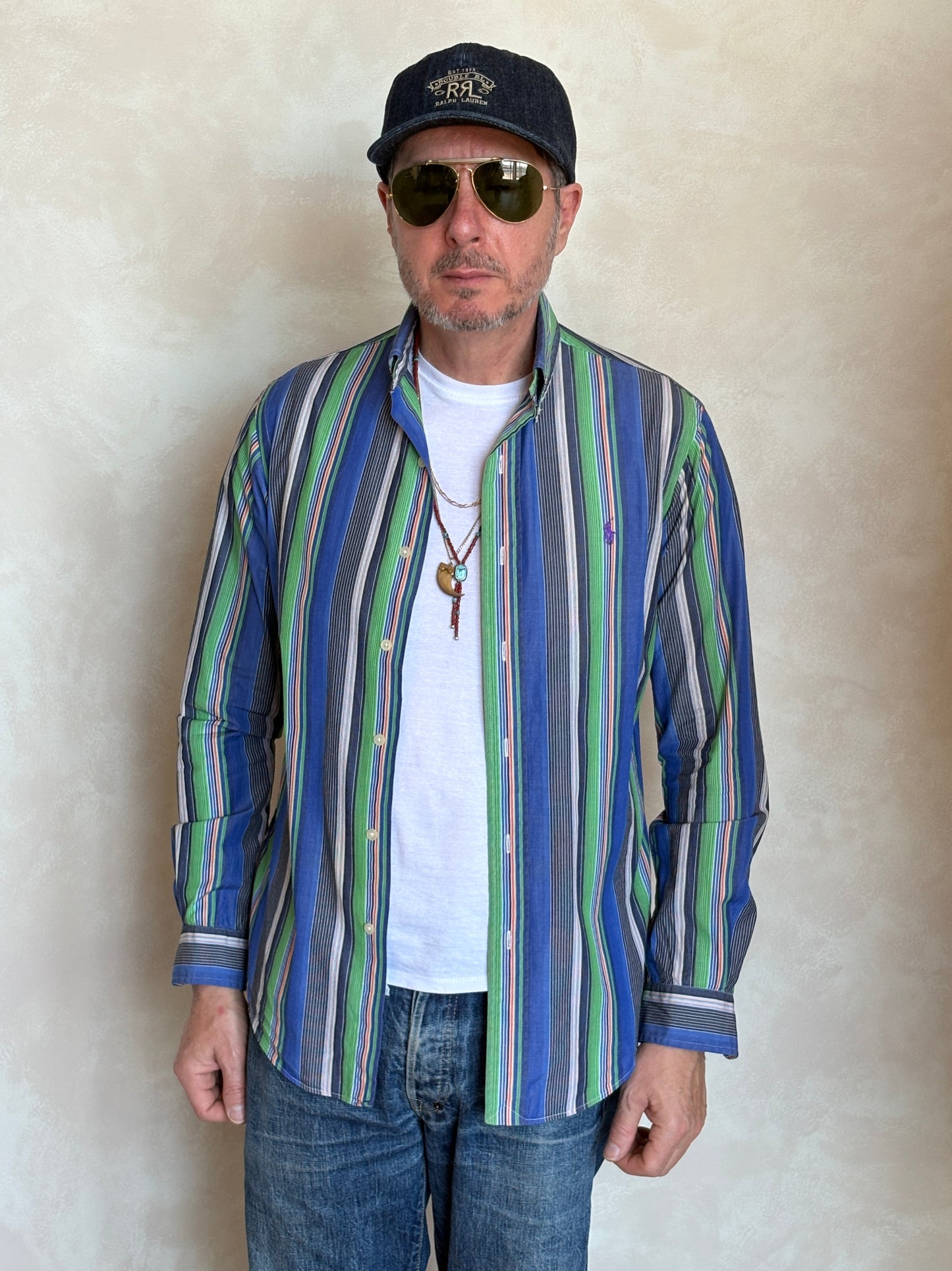 Ralph Lauren Golf Custom Fit Button-Down Shirt Small | Blue Green Multi Stripe Cotton | Mens Golf Shirt