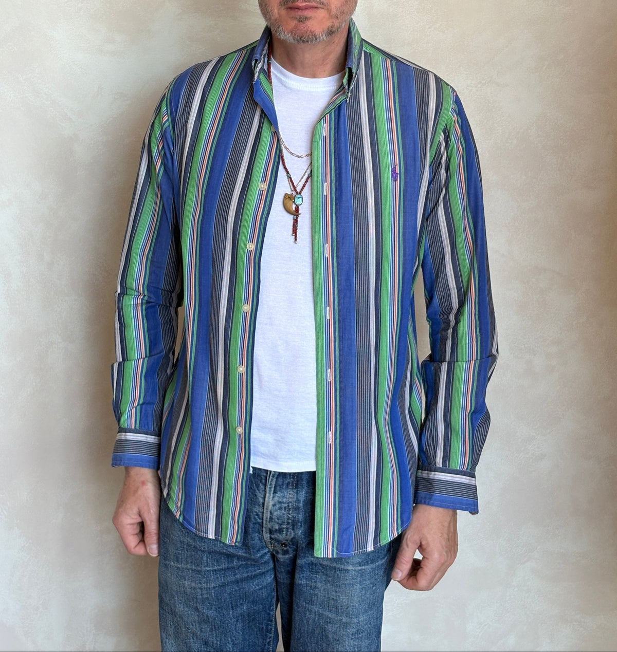 Ralph Lauren Golf Custom Fit Button-Down Shirt Small | Blue Green Multi Stripe Cotton | Mens Golf Shirt-AJ357 Studio