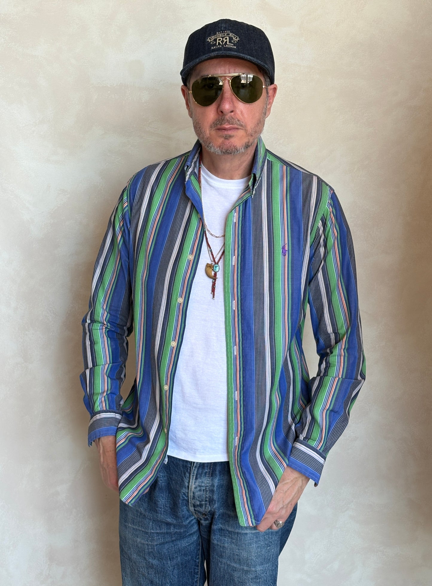 Ralph Lauren Golf Custom Fit Button-Down Shirt Small | Blue Green Multi Stripe Cotton | Mens Golf Shirt