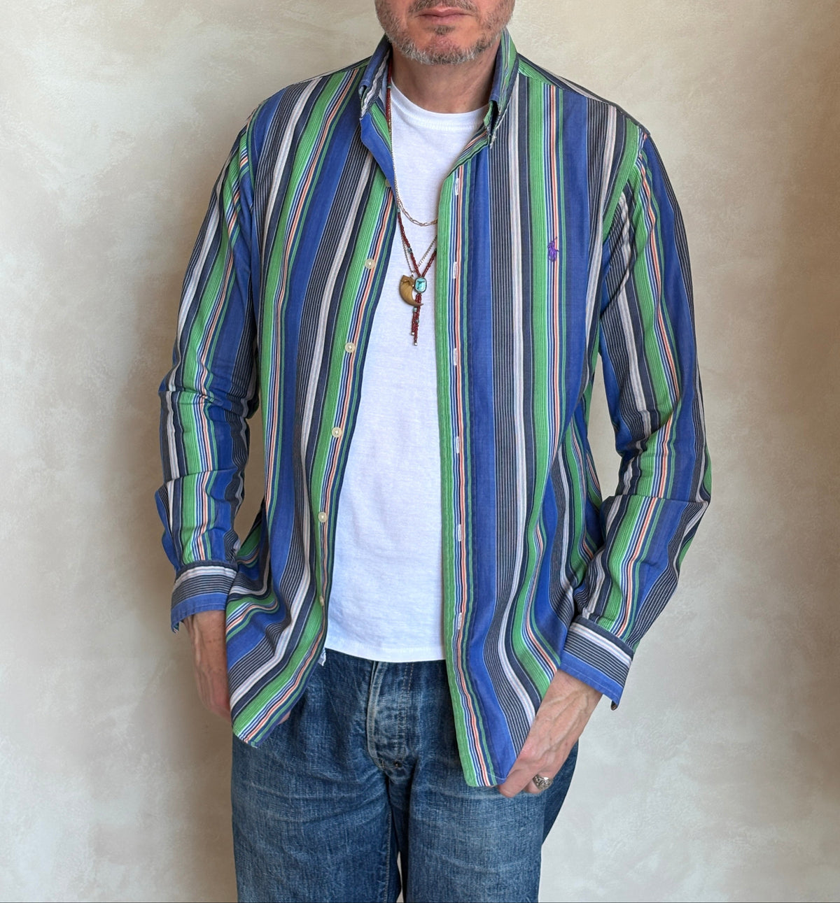 Ralph Lauren Golf Custom Fit Button-Down Shirt Small | Blue Green Multi Stripe Cotton | Mens Golf Shirt-AJ357 Studio