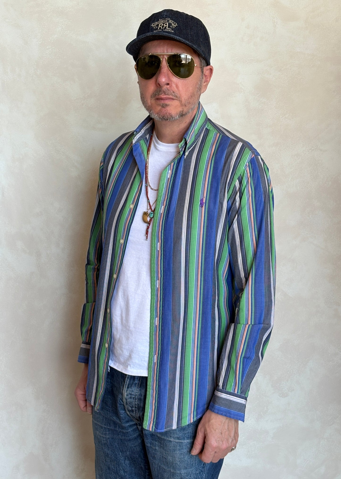 Ralph Lauren Golf Custom Fit Button-Down Shirt Small | Blue Green Multi Stripe Cotton | Mens Golf Shirt