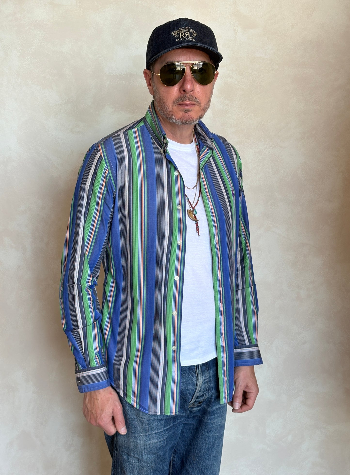 Ralph Lauren Golf Custom Fit Button-Down Shirt Small | Blue Green Multi Stripe Cotton | Mens Golf Shirt