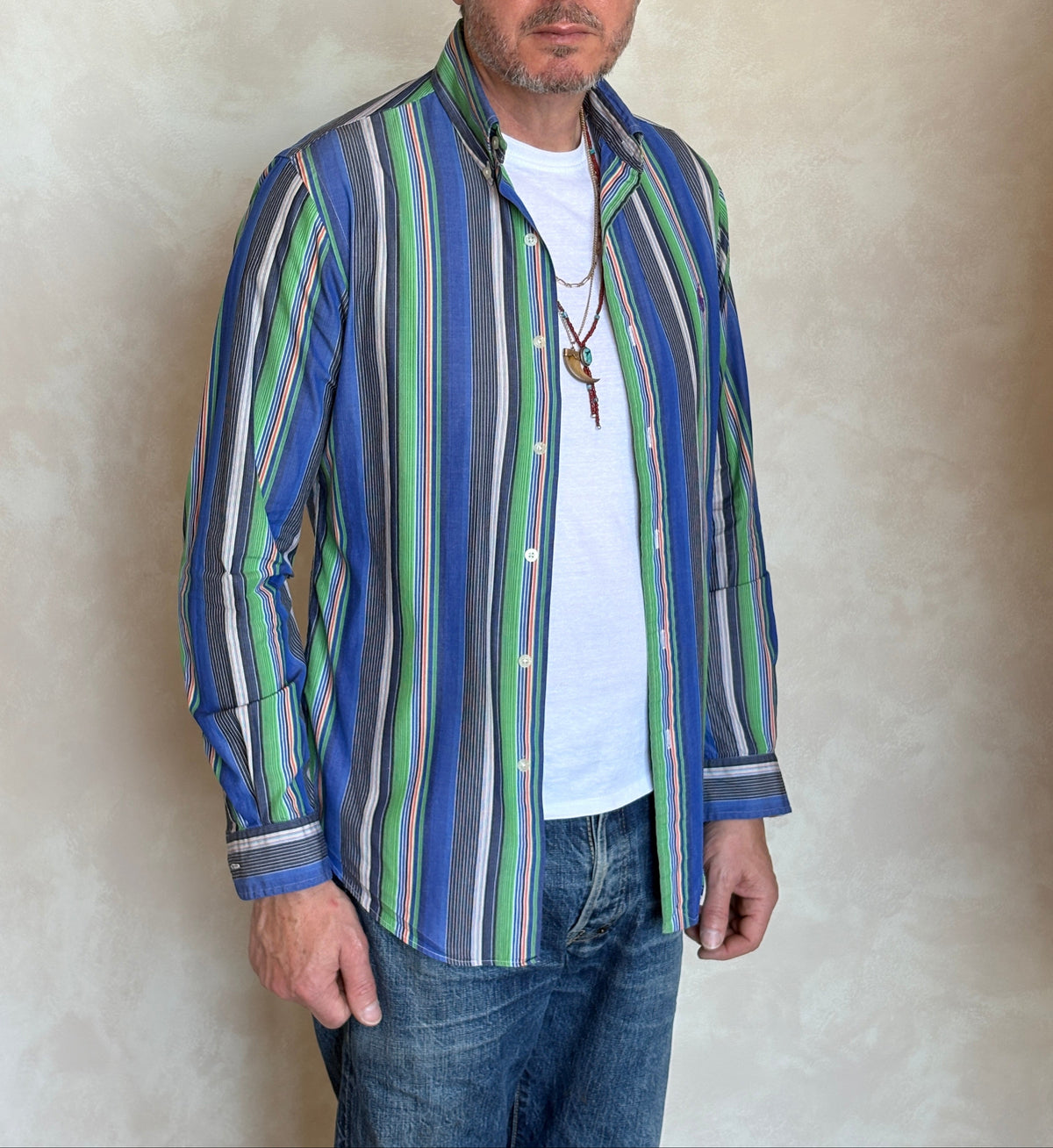 Ralph Lauren Golf Custom Fit Button-Down Shirt Small | Blue Green Multi Stripe Cotton | Mens Golf Shirt-AJ357 Studio