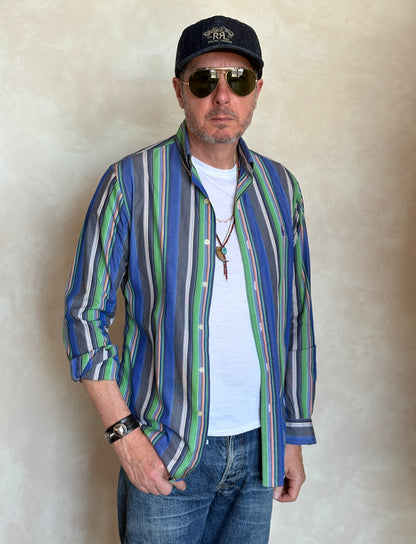 Ralph Lauren Golf Custom Fit Button-Down Shirt Small | Blue Green Multi Stripe Cotton | Mens Golf Shirt