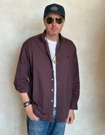 Ralph Lauren BLAKE Button-Down Shirt Medium | Solid Burgundy 100% Cotton | Mens Classic Shirt