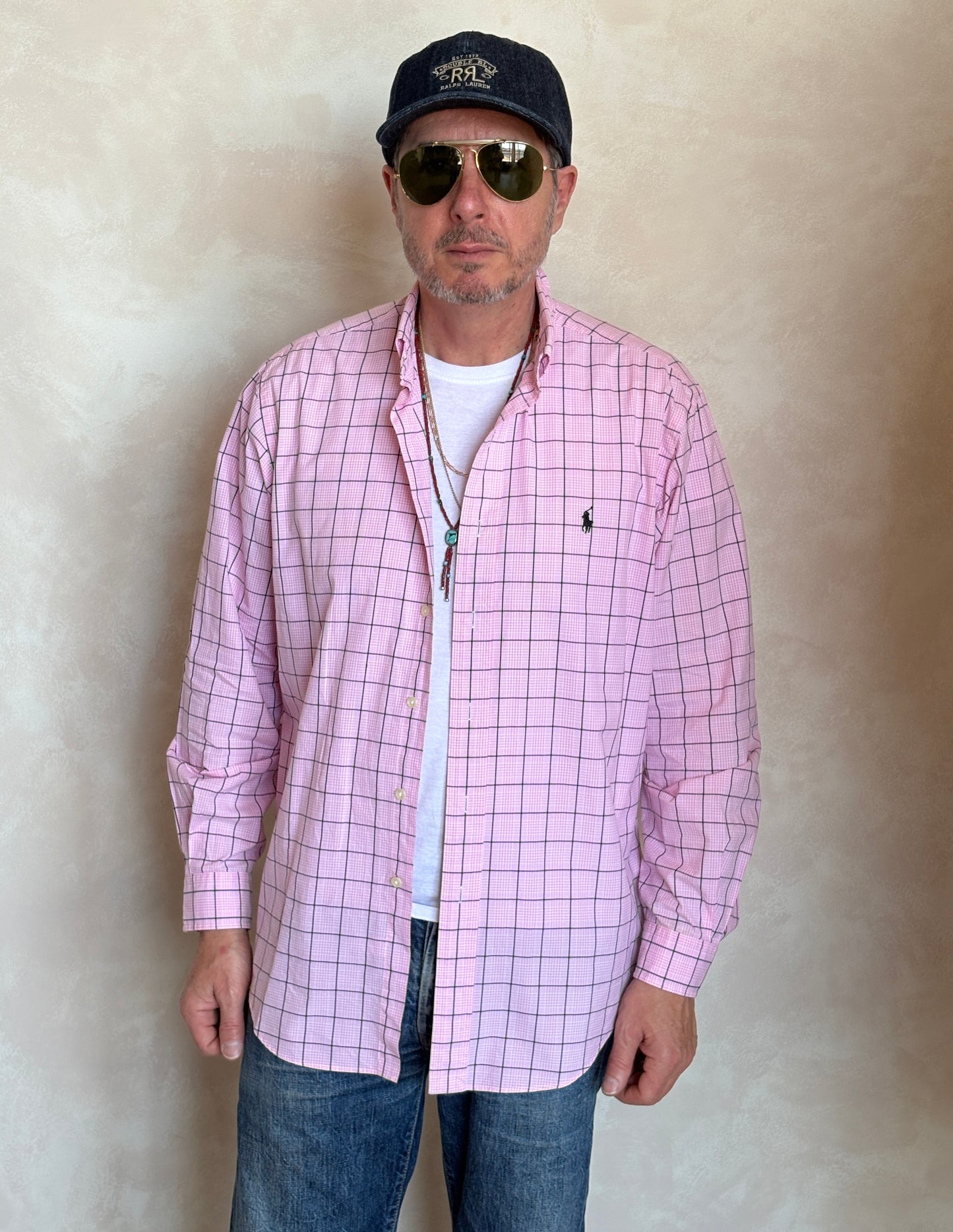 Ralph Lauren Classic Fit Button-Down Shirt Large | Pink Windowpane Check Cotton | Mens Classic Shirt