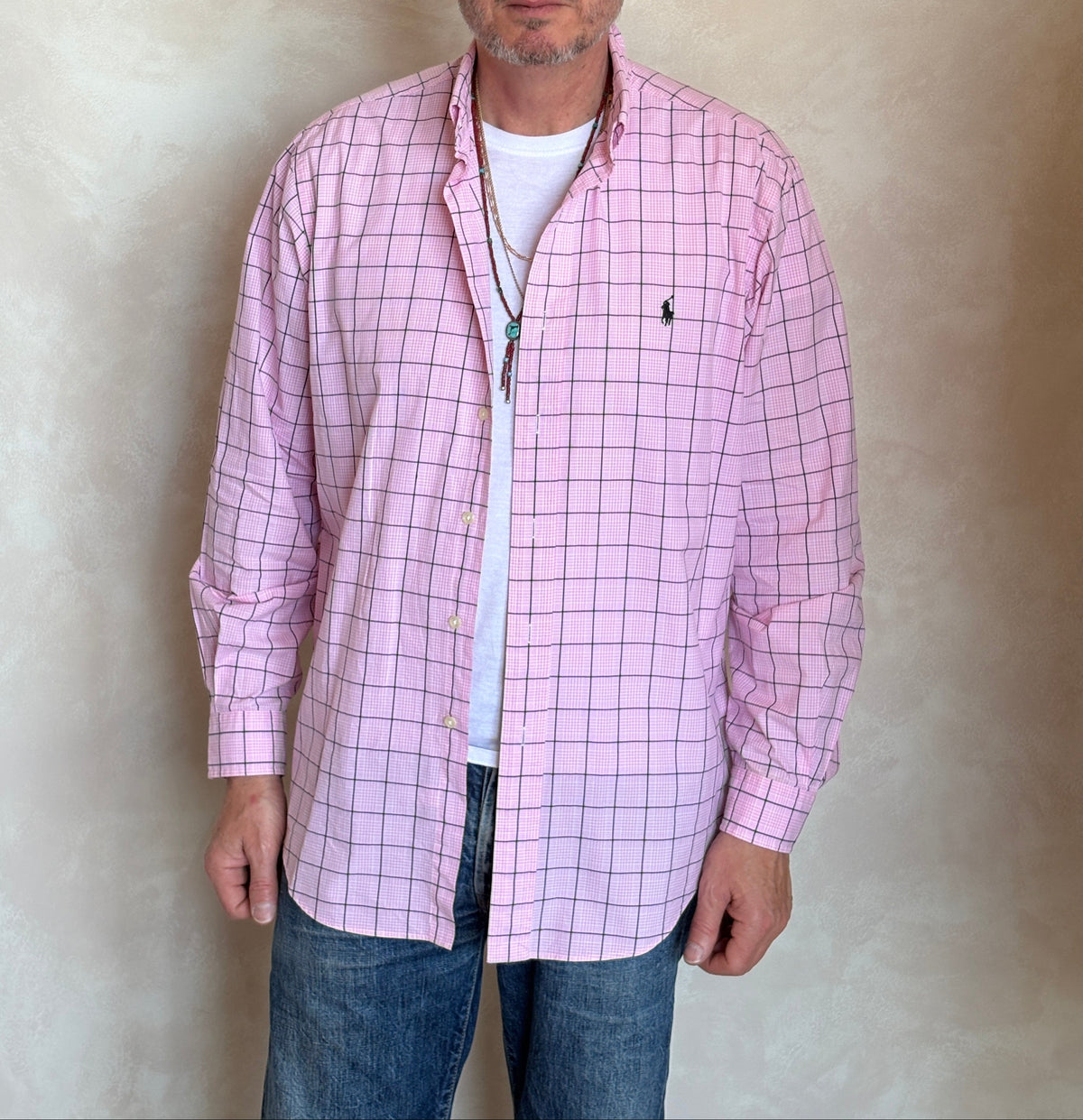 Ralph Lauren Classic Fit Button-Down Shirt Large | Pink Windowpane Check Cotton | Mens Classic Shirt-AJ357 Studio