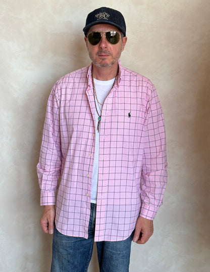 Ralph Lauren Classic Fit Button-Down Shirt Large | Pink Windowpane Check Cotton | Mens Classic Shirt