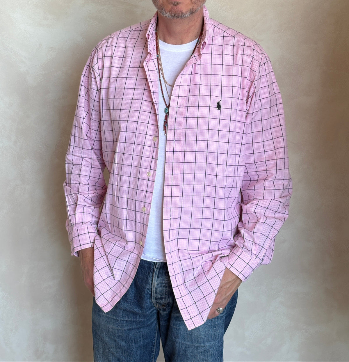 Ralph Lauren Classic Fit Button-Down Shirt Large | Pink Windowpane Check Cotton | Mens Classic Shirt-AJ357 Studio