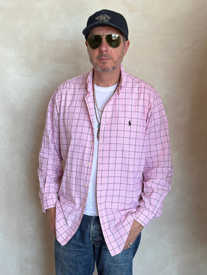 Ralph Lauren Classic Fit Button-Down Shirt Large | Pink Windowpane Check Cotton | Mens Classic Shirt