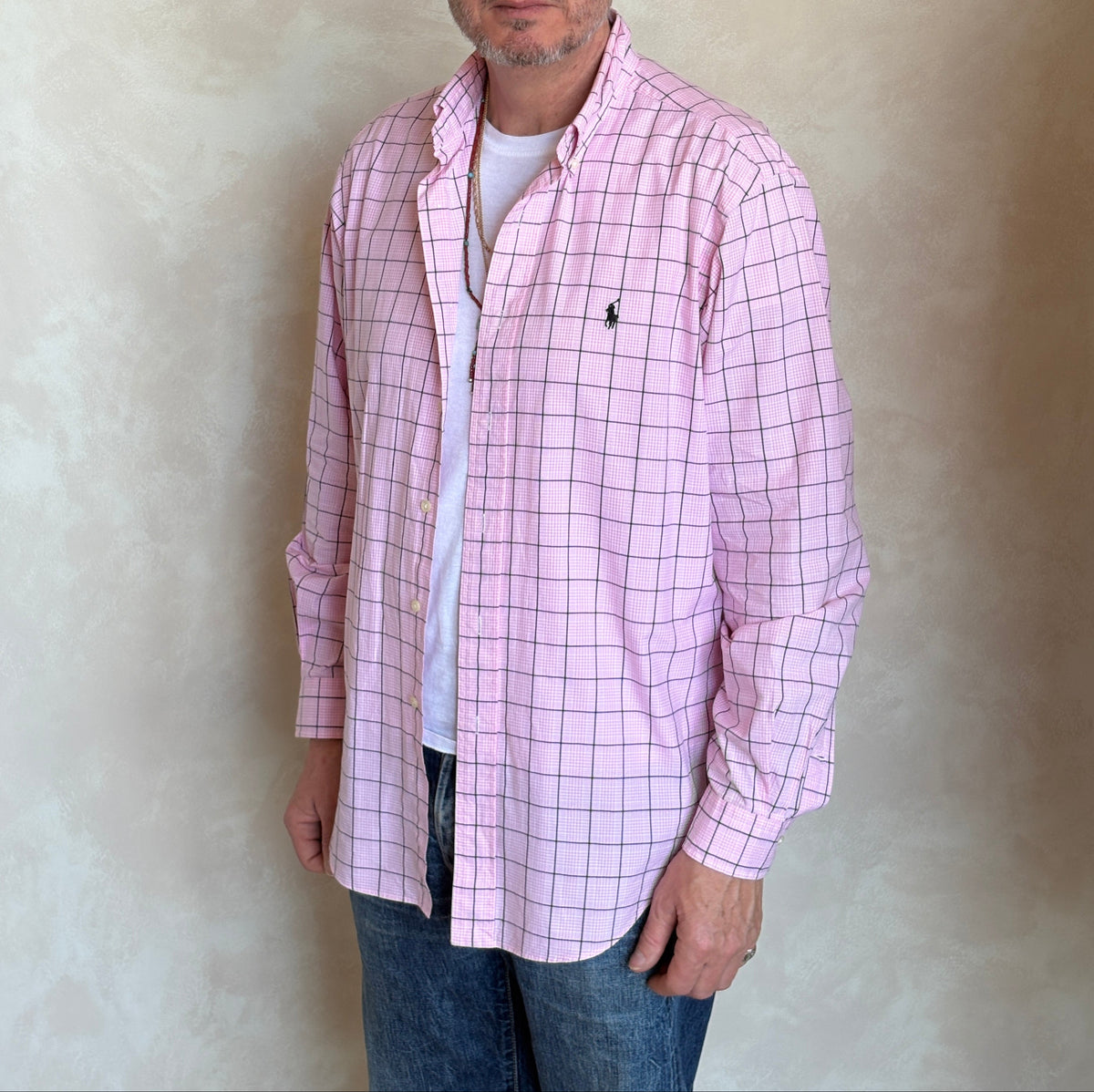 Ralph Lauren Classic Fit Button-Down Shirt Large | Pink Windowpane Check Cotton | Mens Classic Shirt-AJ357 Studio