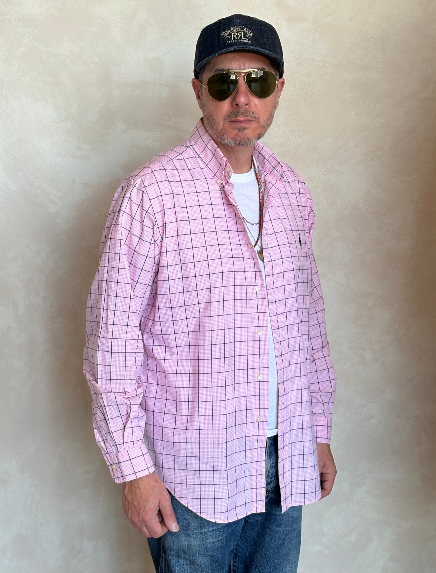 Ralph Lauren Classic Fit Button-Down Shirt Large | Pink Windowpane Check Cotton | Mens Classic Shirt