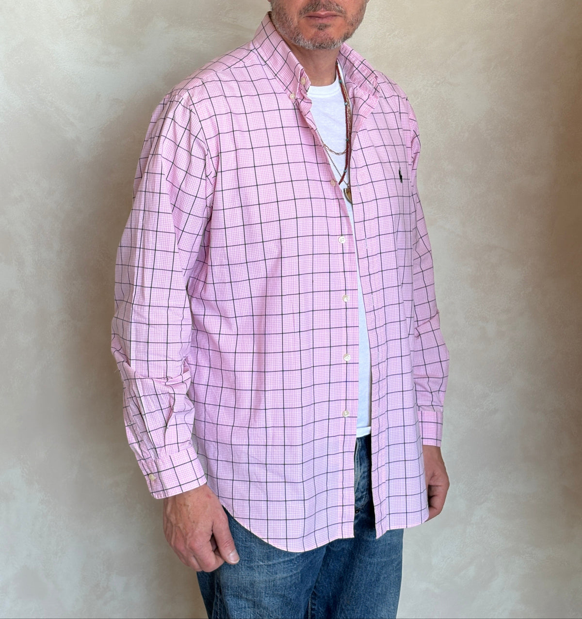 Ralph Lauren Classic Fit Button-Down Shirt Large | Pink Windowpane Check Cotton | Mens Classic Shirt-AJ357 Studio