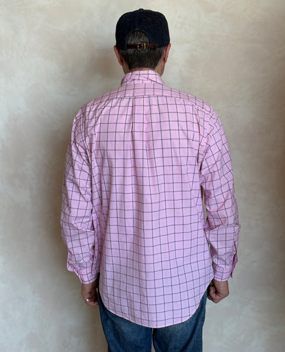 Ralph Lauren Classic Fit Button-Down Shirt Large | Pink Windowpane Check Cotton | Mens Classic Shirt