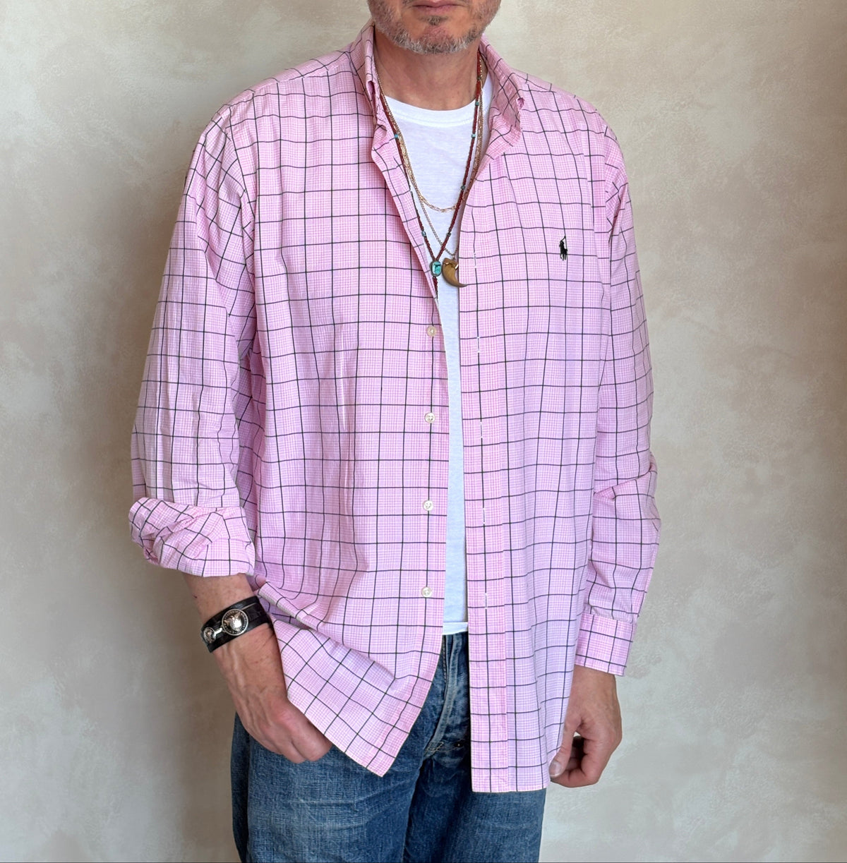 Ralph Lauren Classic Fit Button-Down Shirt Large | Pink Windowpane Check Cotton | Mens Classic Shirt-AJ357 Studio