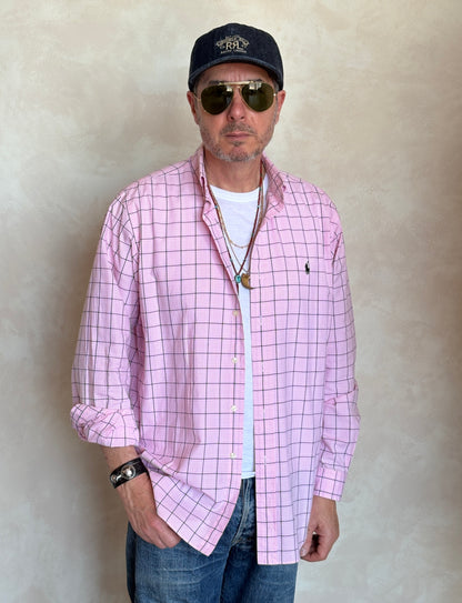 Ralph Lauren Classic Fit Button-Down Shirt Large | Pink Windowpane Check Cotton | Mens Classic Shirt