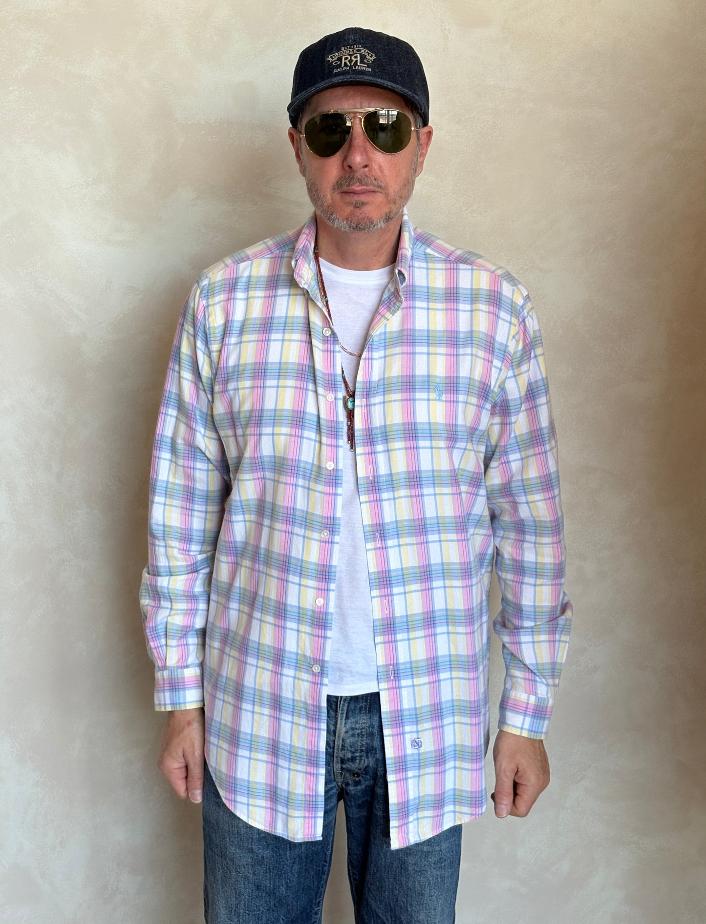 Polo by Ralph Lauren Pastel Plaid Shirt Large | Pink Yellow Blue Cotton | Vintage 90s Mens Shirt