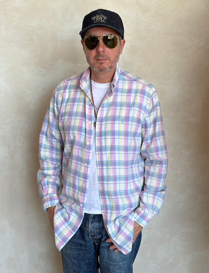 Polo by Ralph Lauren Pastel Plaid Shirt Large | Pink Yellow Blue Cotton | Vintage 90s Mens Shirt