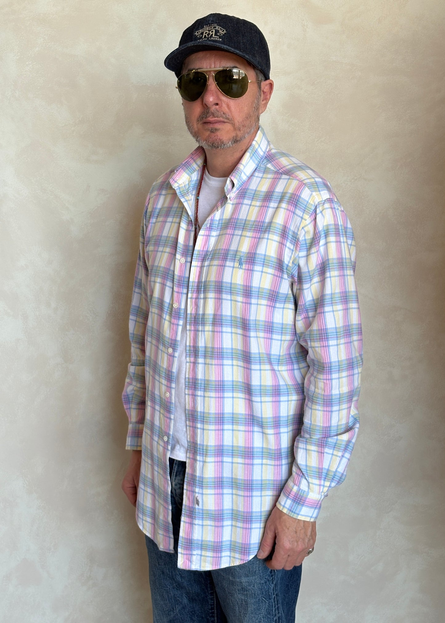 Polo by Ralph Lauren Pastel Plaid Shirt Large | Pink Yellow Blue Cotton | Vintage 90s Mens Shirt