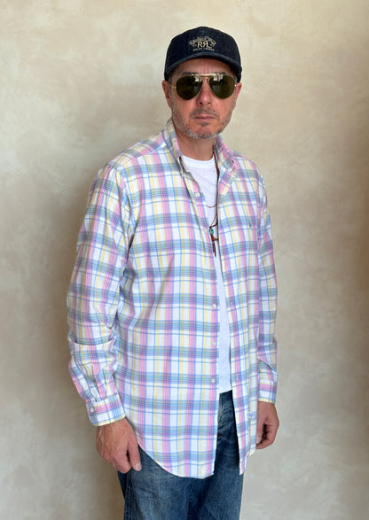Polo by Ralph Lauren Pastel Plaid Shirt Large | Pink Yellow Blue Cotton | Vintage 90s Mens Shirt