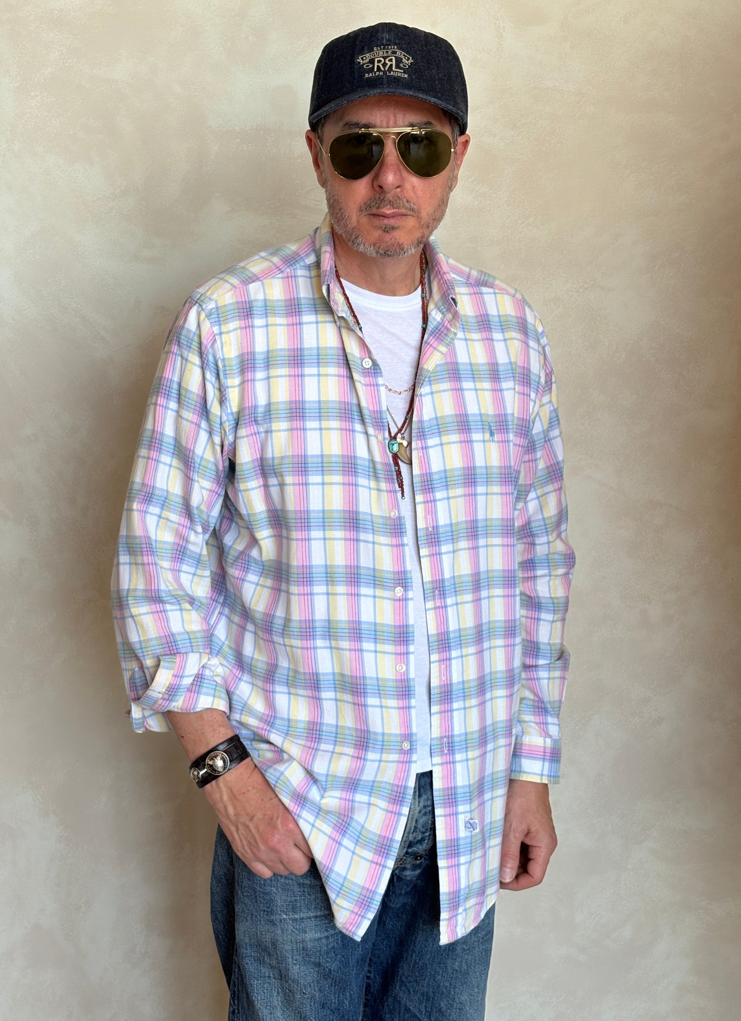 Polo by Ralph Lauren Pastel Plaid Shirt Large | Pink Yellow Blue Cotton | Vintage 90s Mens Shirt