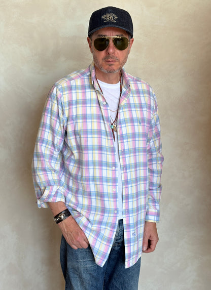 Polo by Ralph Lauren Pastel Plaid Shirt Large | Pink Yellow Blue Cotton | Vintage 90s Mens Shirt