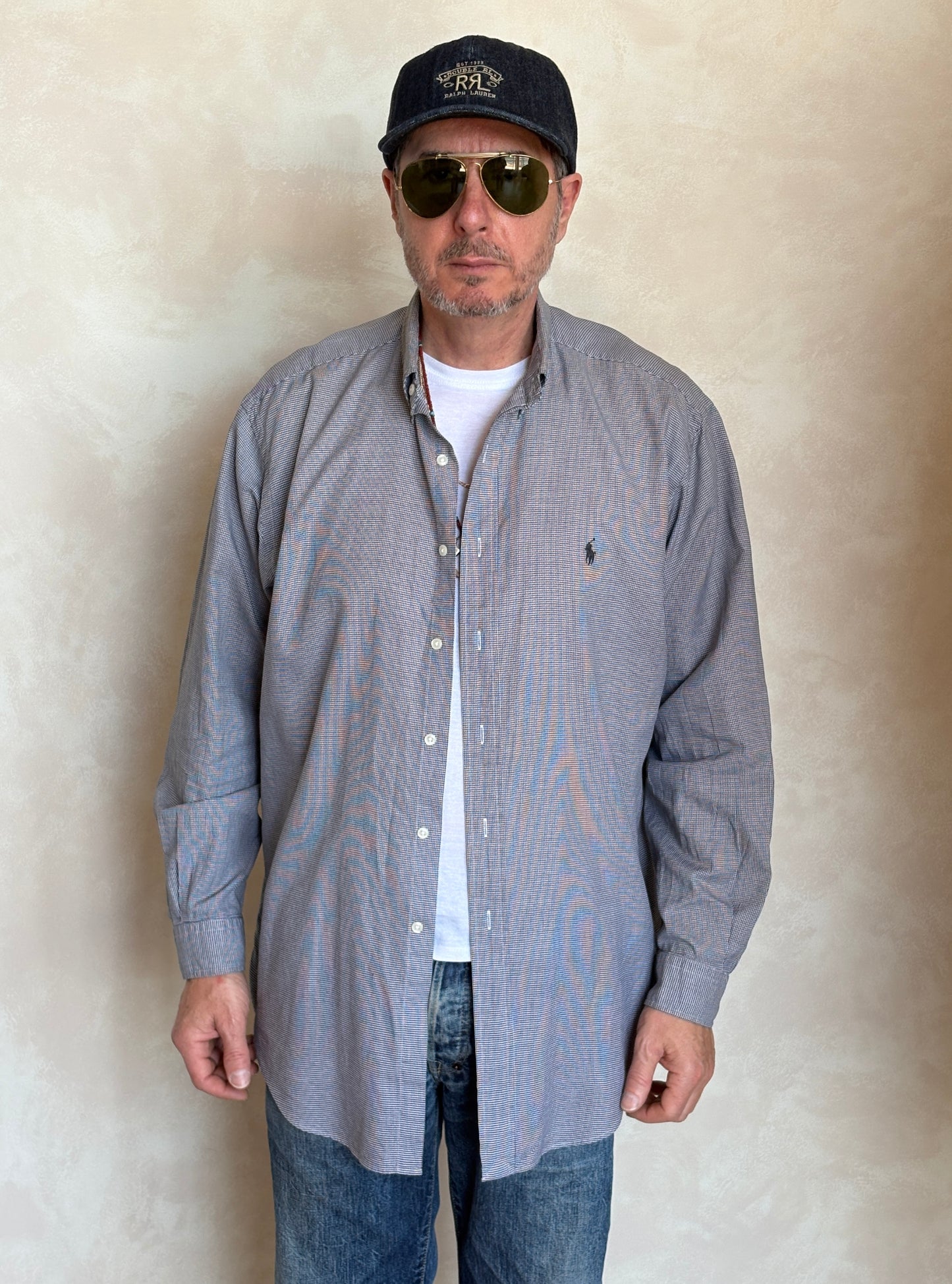 Ralph Lauren YARMOUTH Button-Down Shirt Large | Black White Houndstooth Cotton | Mens Classic Shirt
