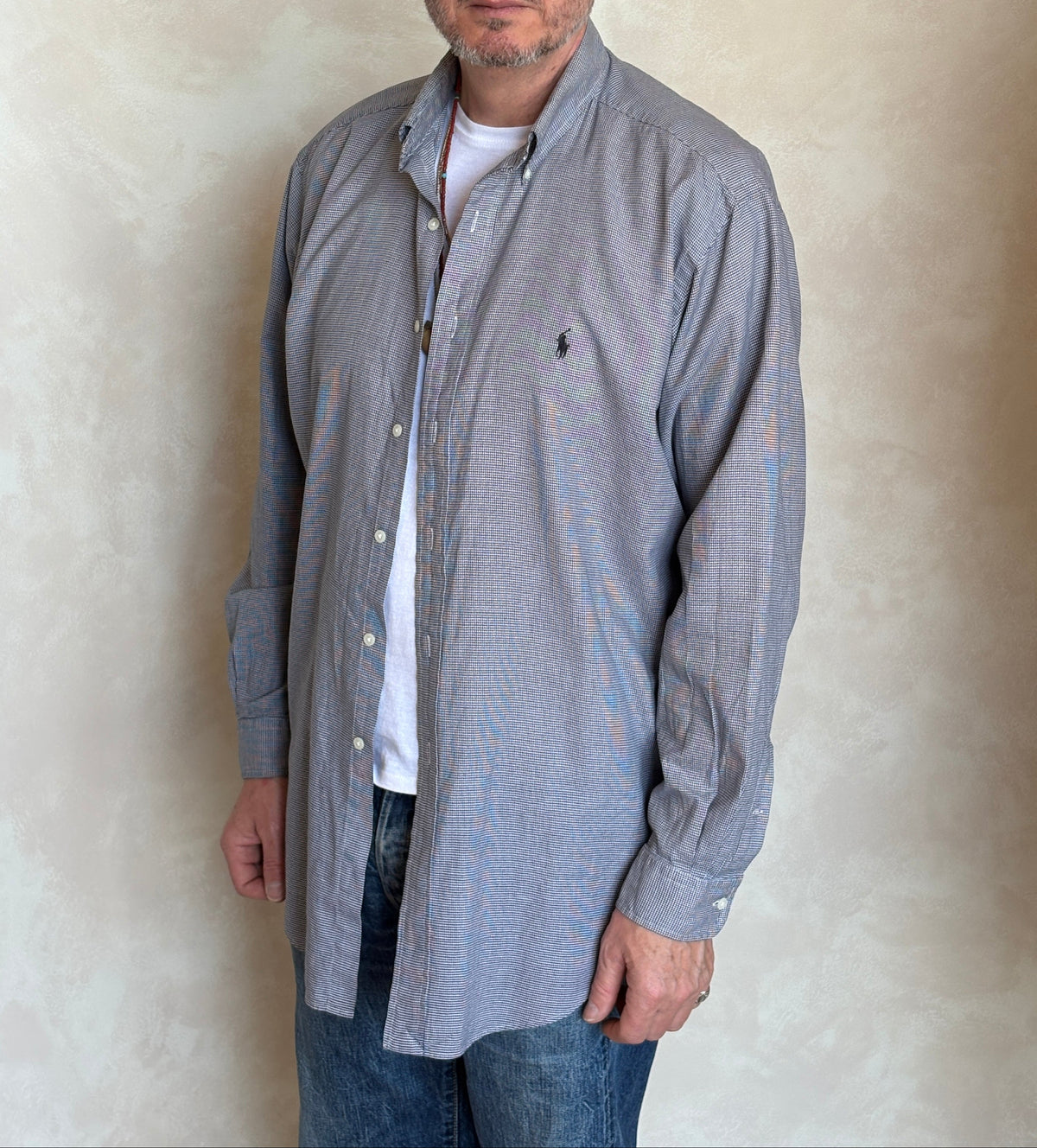 Ralph Lauren YARMOUTH Button-Down Shirt Large | Black White Houndstooth Cotton | Mens Classic Shirt-AJ357 Studio