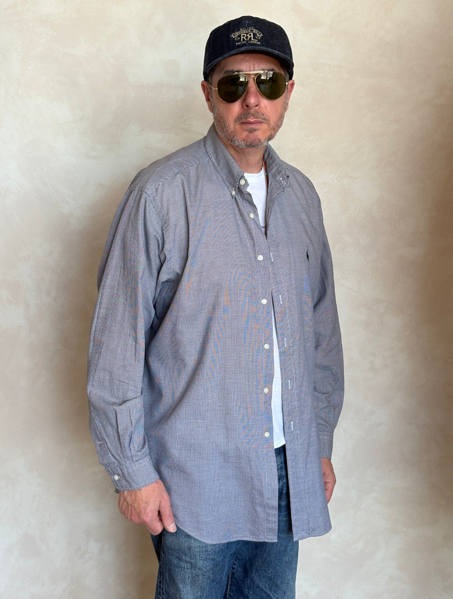Ralph Lauren YARMOUTH Button-Down Shirt Large | Black White Houndstooth Cotton | Mens Classic Shirt