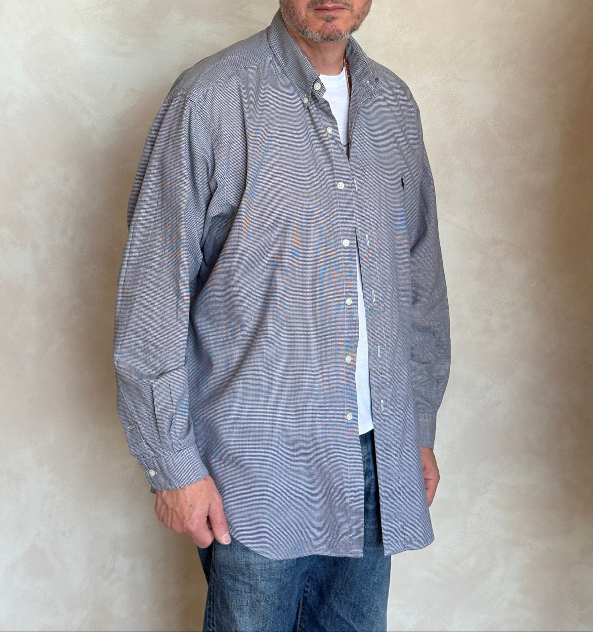 Ralph Lauren YARMOUTH Button-Down Shirt Large | Black White Houndstooth Cotton | Mens Classic Shirt-AJ357 Studio