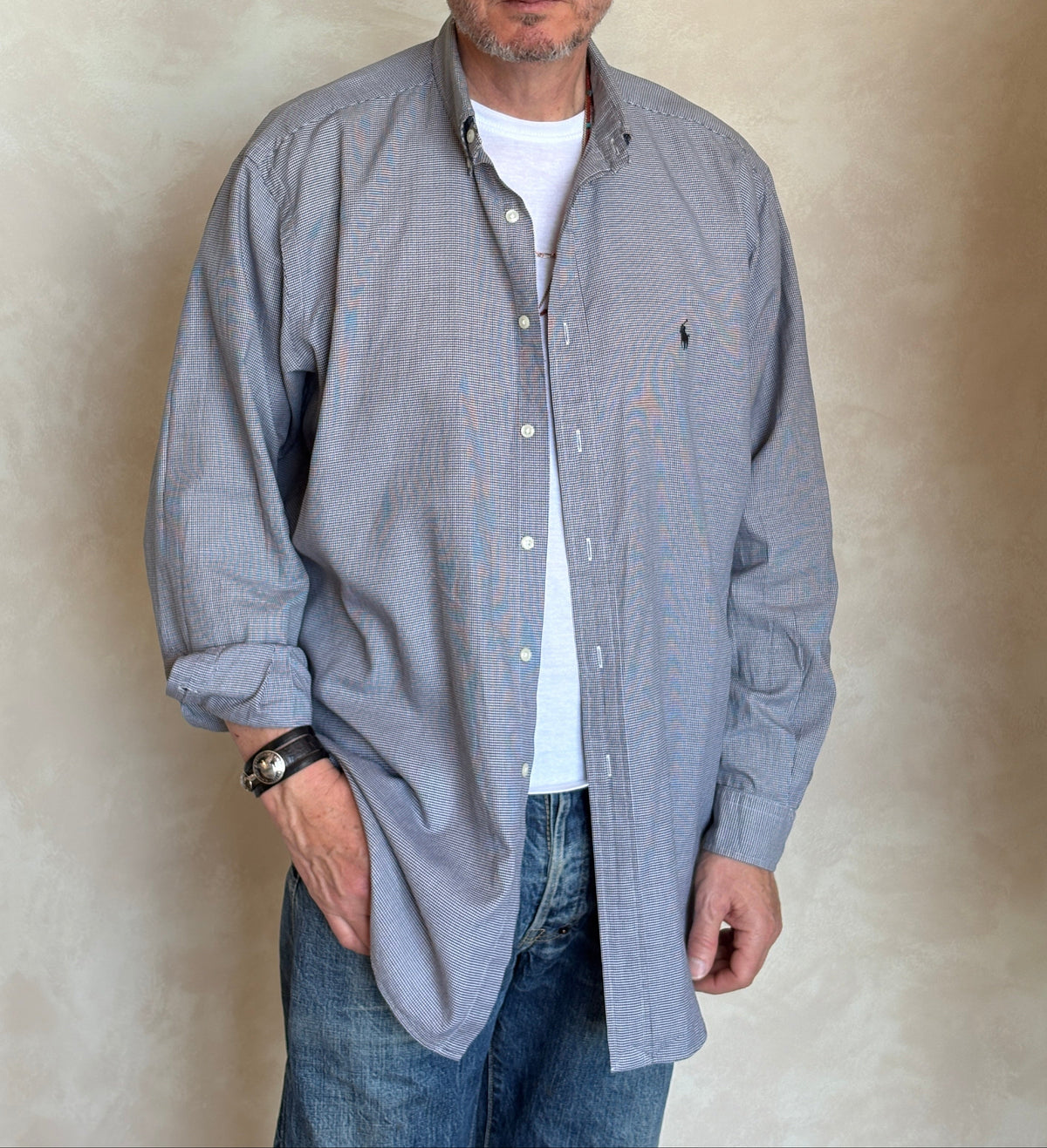Ralph Lauren YARMOUTH Button-Down Shirt Large | Black White Houndstooth Cotton | Mens Classic Shirt-AJ357 Studio