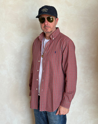 Ralph Lauren Classic Fit Button-Down Shirt Medium | Red Multi Plaid Cotton | Mens Classic Shirt