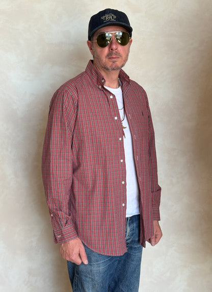 Ralph Lauren Classic Fit Button-Down Shirt Medium | Red Multi Plaid Cotton | Mens Classic Shirt