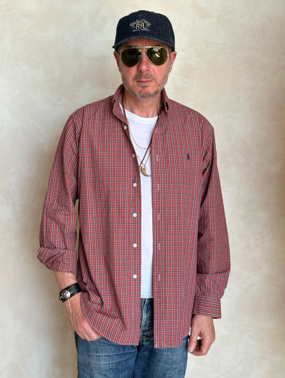 Ralph Lauren Classic Fit Button-Down Shirt Medium | Red Multi Plaid Cotton | Mens Classic Shirt