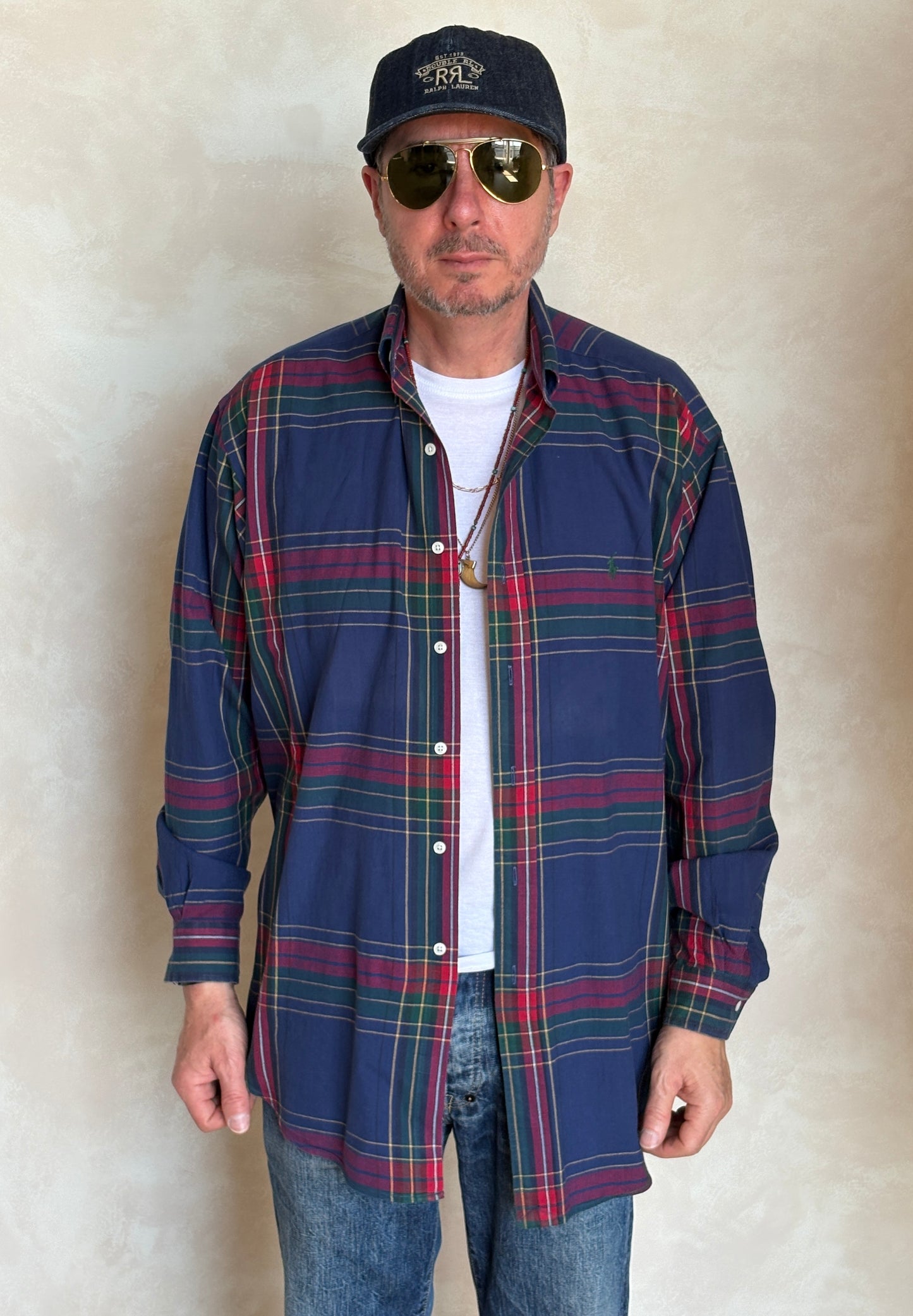 Ralph Lauren Button-Down Shirt Medium | Navy Red Tartan Plaid Cotton | Mens Classic Shirt