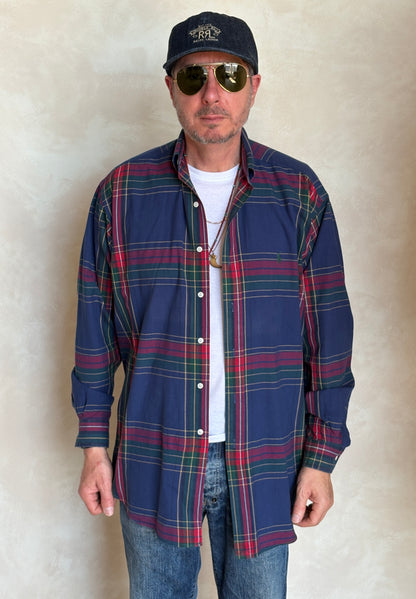 Ralph Lauren Button-Down Shirt Medium | Navy Red Tartan Plaid Cotton | Mens Classic Shirt