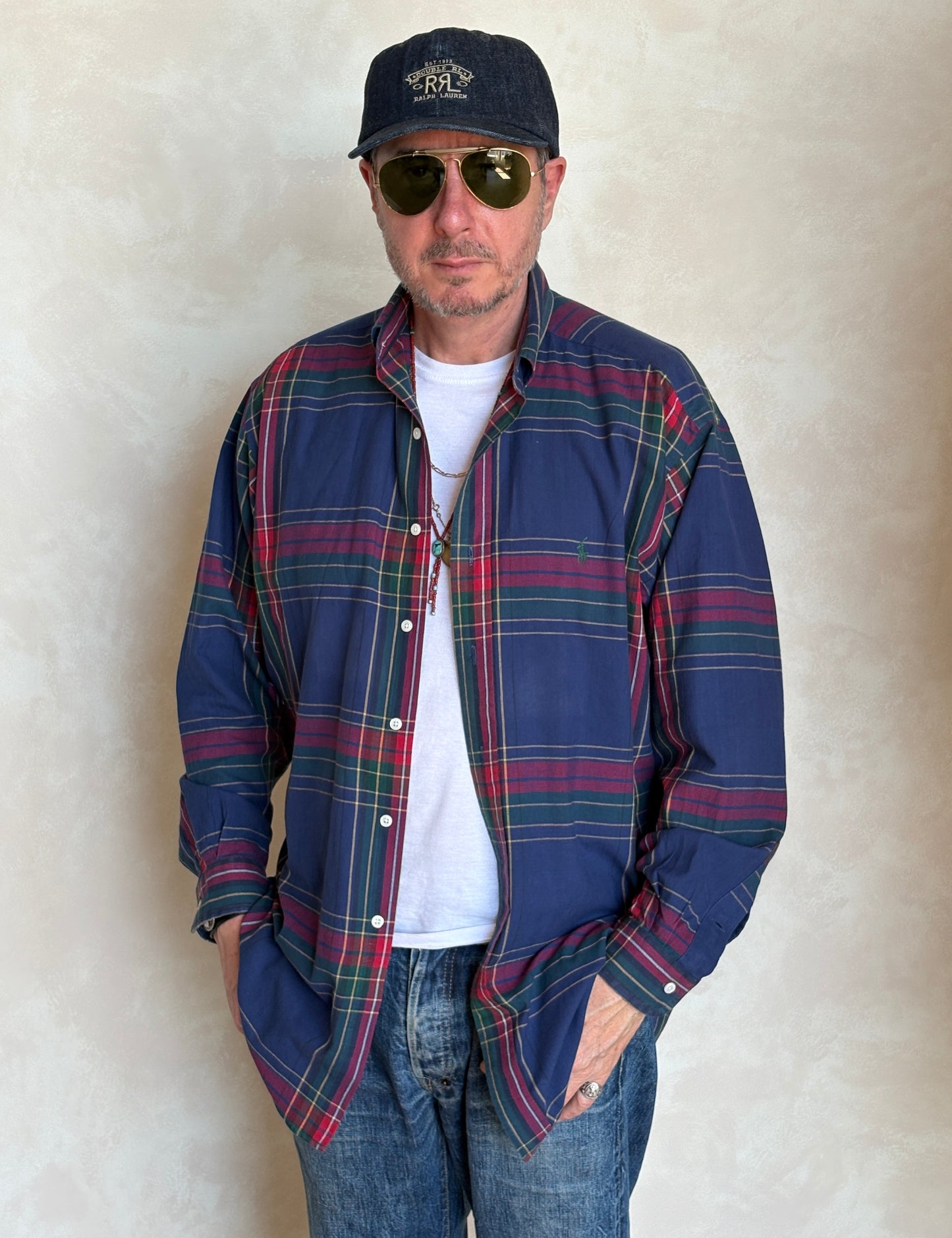 Ralph Lauren Button-Down Shirt Medium | Navy Red Tartan Plaid Cotton | Mens Classic Shirt