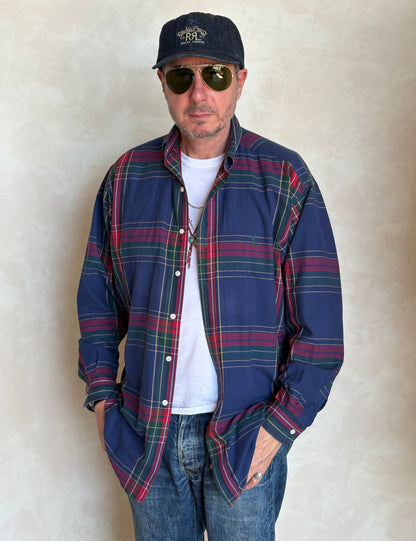 Ralph Lauren Button-Down Shirt Medium | Navy Red Tartan Plaid Cotton | Mens Classic Shirt