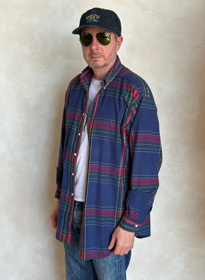 Ralph Lauren Button-Down Shirt Medium | Navy Red Tartan Plaid Cotton | Mens Classic Shirt