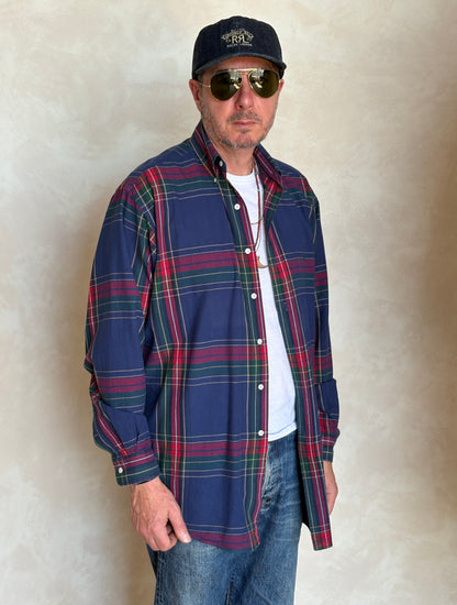Ralph Lauren Button-Down Shirt Medium | Navy Red Tartan Plaid Cotton | Mens Classic Shirt