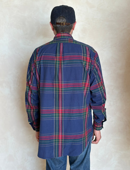 Ralph Lauren Button-Down Shirt Medium | Navy Red Tartan Plaid Cotton | Mens Classic Shirt
