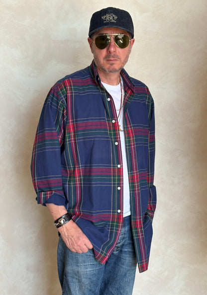 Ralph Lauren Button-Down Shirt Medium | Navy Red Tartan Plaid Cotton | Mens Classic Shirt